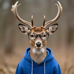 anthropomorphic shy and nerdy white-tailed deer with exquisite antlers and wearing thick glasses and a blue hoodie