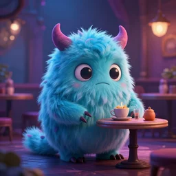 little fluffy monster in a magical cafe. upcoming 3 d animation by an indie studio, rimlighting, depth of field, limited but vibrant palette, intricate details, gothic horror, chiaroscuro, bokeh.