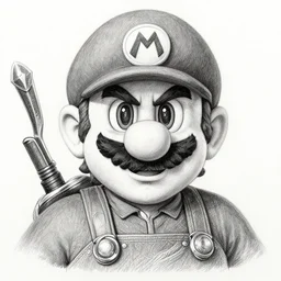 Mario from Nintendo as The Witcher, pencil art on paper, highly detailed, looking defiantly at the camera, eyes are yellow,symmetrical mouth