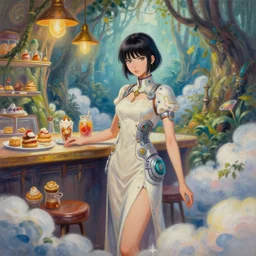 aztec scifi pastry chef in a cloud forest cafe, wearing a lovely dress with cyberpunk elements. this oil painting by the award - winning mangaka has an interesting color scheme and impeccable lighting.
