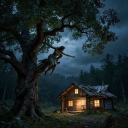 the creation of adam, a twisted tree's branches hold a man and a woman, dark green leaves, they reach toward each other, in front of a glowing rundown log cabin at night, overcast skies, dark blues, dark forest background, dark, nightmare, dreamlike, octane render, highly detailed, intricate detail, photorealistic, 4 k, 8 k, trending on artstation