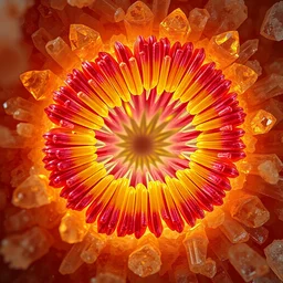 electron microscope enlargement of a chilopoda section, surrounded by acicular crystals, volumetric complementary colors, refracted kodachromatic internal lighting