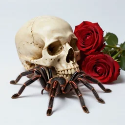 still life of a skull, roses and a tarantula