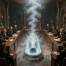 byzantine science fiction burial chamber courtroom filled with cryogenic sarcophogi spilling white smoke, by greg rutkowski, zdzisław beksinski, anato finnstark, and rembrandt