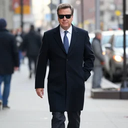 1 9 9 9 andy richter wearing a black wool coat and necktie walking the streets of chicago on a november afternoon, wearing a pair of black sunglasses