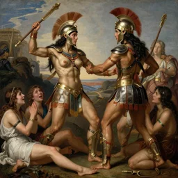 muscular amazonian warrior women doing glorious battle in ritualistic combat wearing spartan armor, weeping femboys sitting on the side pleading for peace, neoclassical art