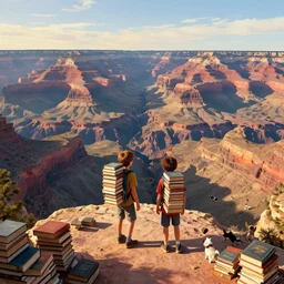 highly detailed digital illustration of a pair of young brothers carrying books on their backs, standing at the edge of the grand canyon filled with piles of books as far as the eye can see | fantasy art, dogs playing in the background, establishing shot, cinematic panorama, cryengine, concept art, photorealism, daz 3 d, sketchfab, zbrush, vray, golden hour, rule of thirds, golden ratio
