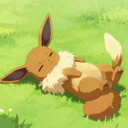 a tiny light brown Eevee-fox hybrid lying on its back, Pokemon, Eevee, brown fur, cute, detailed fur, furaffinity, fanart