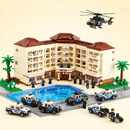 mar - a - lago resort made completely of legos during an fbi raid with black undercover cop cars a full swat team and a swat helicopter, as a lego set, police lego set