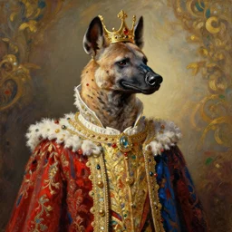 the royal king's hyena by greg hildebrant lisa frank fancy rococo baroque regal oil painting high quality award winning clothed in fancy garb