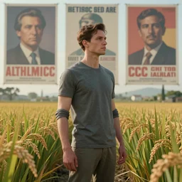 portrait of dictator methaverse, standing deep in a rice farm, looking into the distance, pcc propaganda poster, intricate, hyperdetailed, diffuse lighting, hdrp, artstation, unreal 5, smooth, textless, sharp focus, art by john collier, albert aublet, krenz cushart, zdzisław beksinski, arte