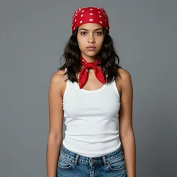 portrait of a los angeles female gang member, wearing a red headscarf, a white tank top, and jeans, by norman rockwell.