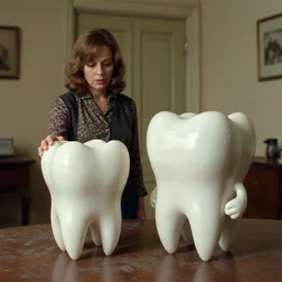 a 1 9 7 3 woman and a 3 d rendering of an anthropomorphic tooth in an old apartment, color film still 1 9 7 7, fassbinder