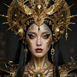 hyperrealistic detailed portrait of a beautiful goddess in an intricate golden ornamental ritual headdress, intricate cyberpunk make - up, golden face tattoos, insane details, art by ernst haeckel, nekro borja, android jones, alphonso mucha, john william godward, gothic - cyberpunk, beautiful deep colours,