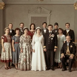 A wide full shot, colored Russian and Japanese mix historical fantasy a photograph portrait taken at the royal wedding two choirs, photographic portrait, warm lighting, 1907 photo from the official wedding photographer for the royal wedding. n- 5
