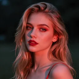 photograph of a pretty blond woman illuminated with red light, soft light, night