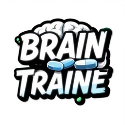 digital illustration, brain trainee pills, vector typography logotype, white and black and blue and green colors, y 2 k aesthetic, graphic design