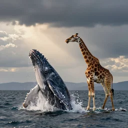 humpback whale jumping out of the water with a giraffe in it's mouth