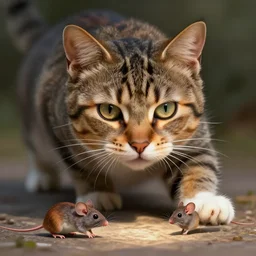 one cat chasing two mice, digital painting, extremely detailed, sharp focus, unreal engine 5 highly rendered, global illumination, radiant light, highly detailed face