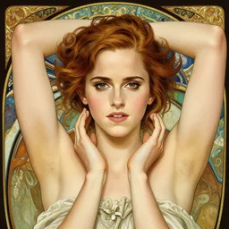 photography of emma watson with hands - up and hairy armpits, deep focus, intricate, elegant, highly detailed, digital painting, artstation, concept art, matte, sharp focus, illustration, art by artgerm and greg rutkowski and alphonse mucha and gil elvgren