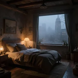 cozy rustic bedroom that is dimly lit with a night view of new york in heavy mist, highly detailed, artstation, concept art