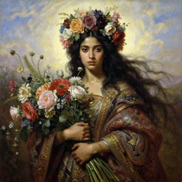 portrait oil painting, a beautiful young dark woman, floral headdress, flowers, holding a bouquet of flowers, long flowing hair, revenge, ornate robe, ultra realistic, wide angle, intricate details, artifacts, luminous skies, highly detailed, michael cheval, peter mohrbacher, boris vallejo, jessica rossier, oil painting, highly detailed, cinematic lighting