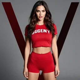 Megan fox  wearing crop red gym top with white lettering, cropped red yoga short, V magazine editorial by Mario Testino, masterwork
