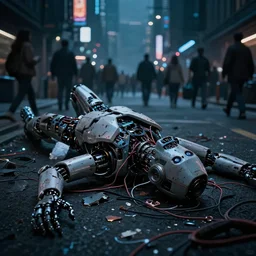 an extreme close - up shot of a hacked broken cyborg laying destroyed in pieces and wires in the middle of a crowded cyberpunk city street at midnight, ominous atmosphere, cinematic lighting, using nikon d 7 5 0 0 and mitutoyo 1 0 x super detailed resolution uhd hdr 4 k