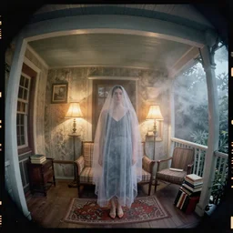 kodak portra 4 0 0, wetplate, fisheye, award - winning portrait by britt marling, 1 9 2 0 s porch, ghost, picture frames, shining lamps, dust, smoke, 1 9 2 0 s furniture, wallpaper, carpet, books, muted colours, wood, fog,