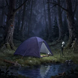 a tent by the river in the deep, remote woods by jeremiah ketner, from nightmare before christmas | detailed | elegant | trending on artstation