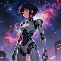 makoto shinkai. robotic android girl. futuristic cyberpunk. dystopia. vibrant nebula sky............................................. arm