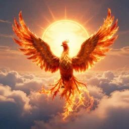 a phoenix rising above the clouds with a fiery sun burning all around it brightly lit.