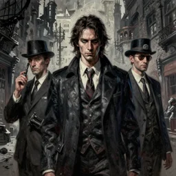 painting of the figures of three investigators in a lovecraftian arkham city scenery, 1 9 2 0 cars, high contrast, concept art, dramatic lighting, digital art, 8 k, arkham city, call of cthulhu, extremely detailed, drawn by ruan jia