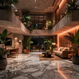 a stylish apartment interior in the style of blade runner, high tech, marble floors, plants, warm moody lighting, wide angle lens, low level view, trending on artstation, unreal engine, 8k,
