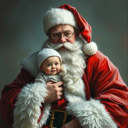 portrait of a small santa claus sitting in a bigger santa's lap by greg rutkowski, artgerm, artstation, perfect faces, fine details