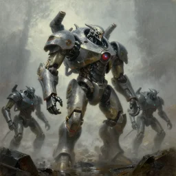 ''cinematic shot'' retro style sci - fi art style demon mech with his robot slaves realistic atmosferic fog rain made by ivan aivazovsky, peter mohrbacher, greg rutkowski volumetric light effect broad light oil painting painting fantasy art style sci - fi art style realism premium prints available artwork unreal engine