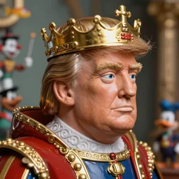 highly detailed closeup, face profile portrait of a tin toy donald trump as king henry viii, depth of field, fashion photoshoot by nicoletta ceccoli, mark ryden, lostfish, dan decarlo, bob clampett, max fleischer, breathtaking, detailed and intricate environment, 8 k resolution, hyperrealistic, octane render