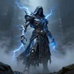 character design, biomechanical arcanist, tattered robe and hood, blue lightning, fog, scary, arrogant, hostile, photorealistic, cinematic, hyper realistic, octane render, 8 k, wide angle