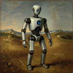 a robot in a field, a renaissance painting by by frieke janssens, featured on cg society, classical realism, transgressive art, renaissance painting, pre - raphaelite, oil on canvas, dystopian art
