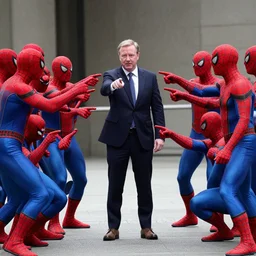 many australian prime minister scott morrison in spiderman outfits pointing at each other