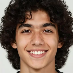 close - up portrait photograph of a teenage latino male with brown eyes, light skin, a long italian nose, a big smile, curly medium length black hair, highly detailed, anatomically correct features,