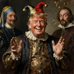 oil portrait of president donald trump as a historic dwarf jester fool. smiling widely, gesturing with hands. medieval dirty and grimy noble. historic royal portrait from the renaissance era. oil painting, highly detailed, centered, artstation, concept art, smooth, sharp focus, illustration, artgerm, vermeer, hans holbein, titian, salvador dali, hieronymus bosch, frans hals, rembrandt