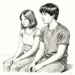 a detailed ink and watercolor drawing by Daniel Clowes, 3/4 low angle view close shot of two people sitting in a Chicago subway train, in front of windows: a sad Aubrey Plaza in a parka and a friendly Mads Mikkelsen in a suit