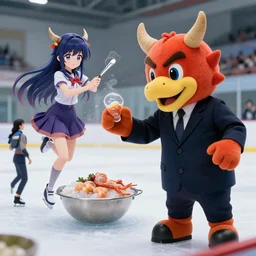 4 5 mm 1 9 8 7 cooking food photography of an corporate mascot at an ice rink summoning an anime demon aspic girl, photography by tyler mitchell johfra bosschart
