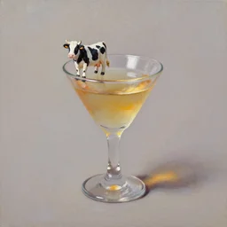 tiny miniature small cow in glass cocktail drink | oil painting
