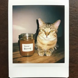 polaroid of a cat next to a jar of honey