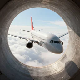and airplane flying through a portal, in the style of rhads