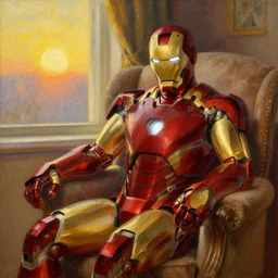 detailed oil painting of old iron man sitting in an armchair in a room with the setting sun, by thomas kinkade, rembrandt, golden hour
