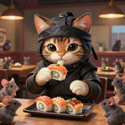 a portrait of an anthropomorphic ninja cat eating sushi,, standing in a restaurant surrounded by mice!, cute and adorable, dnd character art portrait, well rendered matte fantasy painting, deviantart artstation, by jason felix by steve argyle by tyler jacobson by peter mohrbacher, cinematic lighting