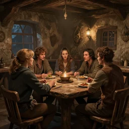 5 people sitting at a table and talking inside a tavern, fantasy art, cozy, dnd, digital art, realistic, 4 k